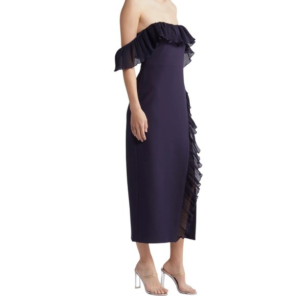 Likely Dresses & Skirts - Likely Navy Blue Ruffle Off Shoulder Midi Dress Formal Evening Gown Size 12